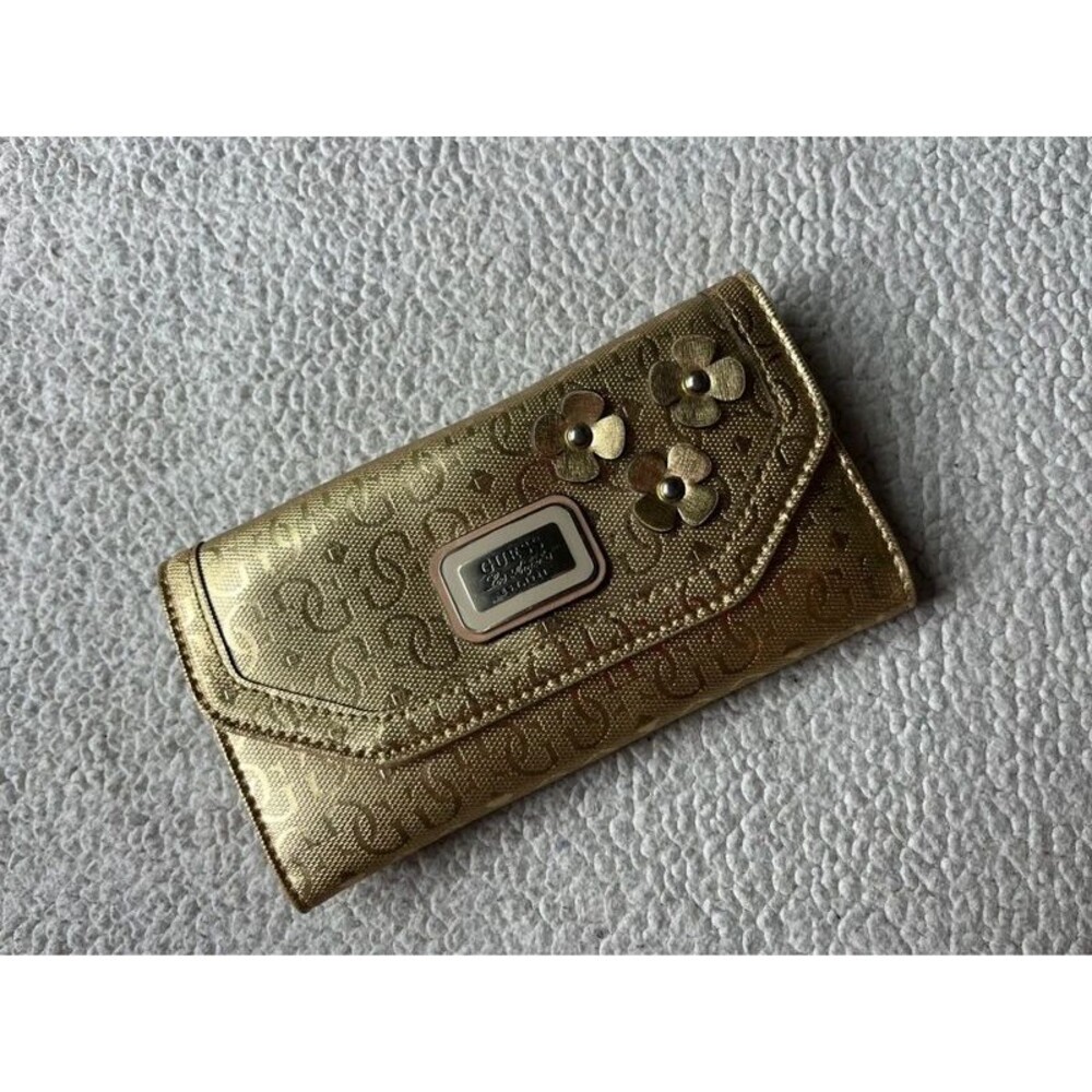 Guess Gold Metallic Monogrammed Wallet Florals